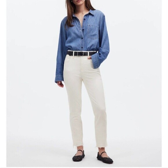 NWT Madewell The Mom Jean in Tile White With Raw Hem Size 24 Normcore Casual - Picture 1 of 8